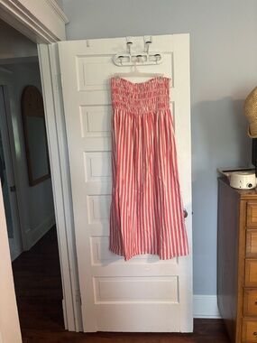 Smocked Waist Punk and White Striped Strapless Dress